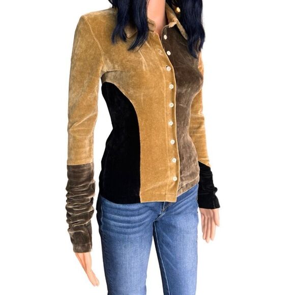 TheOpen Product Brown Paneled Velvet Button Up Top - Picture 5 of 9